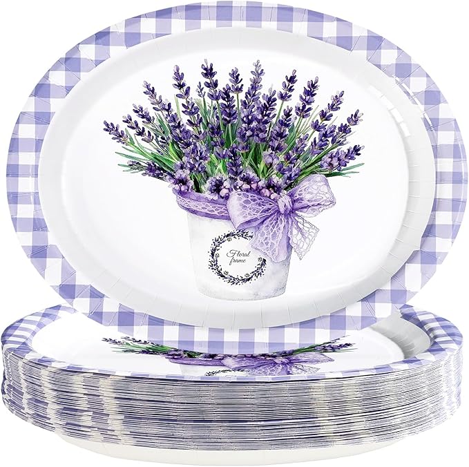 50 Pcs Purple Lavender Gingham Oval Paper Plates 10" x 12" Large Disposable Spring Purple Lavender Floral Heavy Duty Paper Platters Lavenders Theme Plates for Wedding Baby Shower Party Supplies