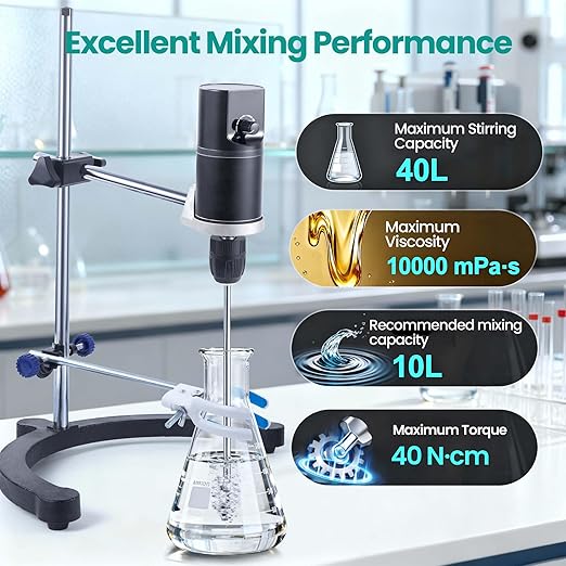 Lab Analog Overhead Stirrer, 40L Capacity, 100-2000rpm Speed Range, Max.Viscosity 10000mpas, Lab Mixer with Overload Protection, Overhead Mixer with Support Stand&Two Stirring Rods