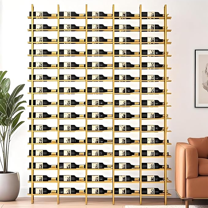 Wall Mounted Wine Rack, H 94.49inch, 16 Rows, Gold 80 Bottle Wine Cellar Racks, Metal Wine Bottle Holder for Home Bar, Wine Kitchen Storage (Gold, 5 Columns竊?0 Bottles竊?