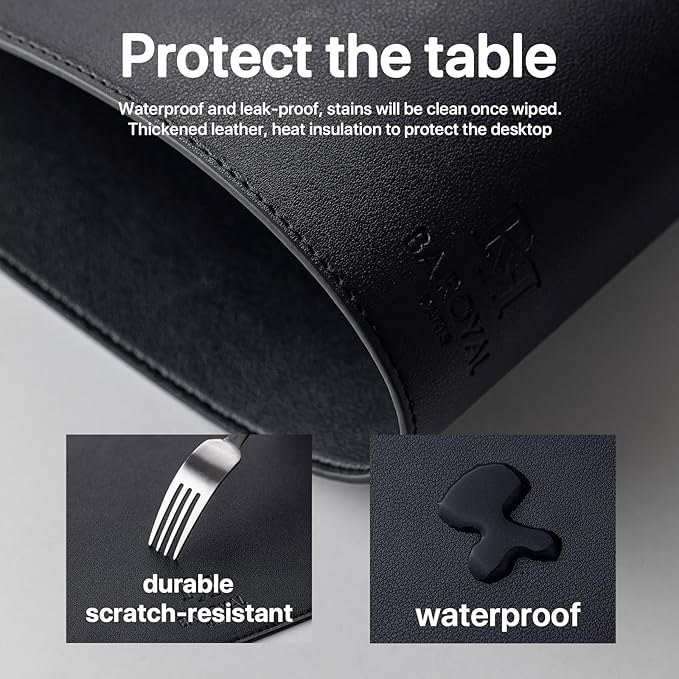 Baroyal Faux Leather Placemats Set of 4 Vinyl Washable Wipeable Table Mats for Kitchen Dining Table Heat Resistant Waterproof Modern Indoor/Outdoor Placemats Non-Slip Easy Clean Place Mats (Black)