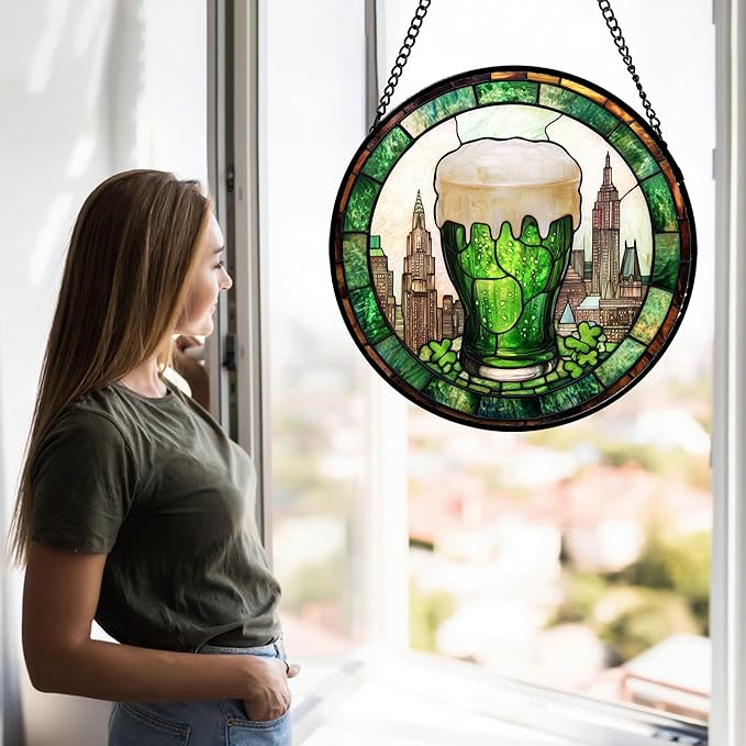 Stained Glass Window Hanging Green Clover City 6.3" - St. Patrick's Day Irish Decor Suncatcher Door Garden Sun Catcher Birthday Christmas for Woman Nana Friend Men