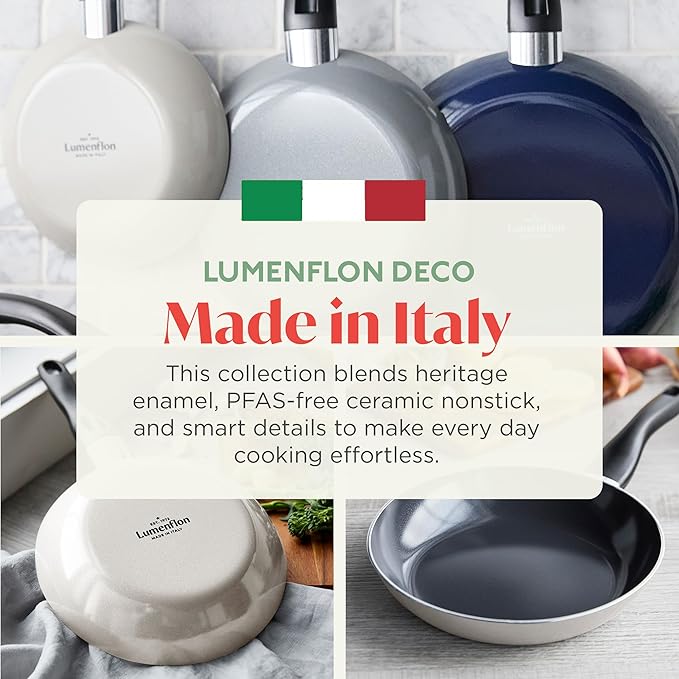 Deco 9.5??Nonstick Frying Pan Skillet, Made in Italy, Diamond Ceramic PFAS-Free, Dishwasher & Metal Utensil Safe, Durable Gloss Enamel Finish, Stay-Cool Handle, High Walls-Extra Room, Taupe