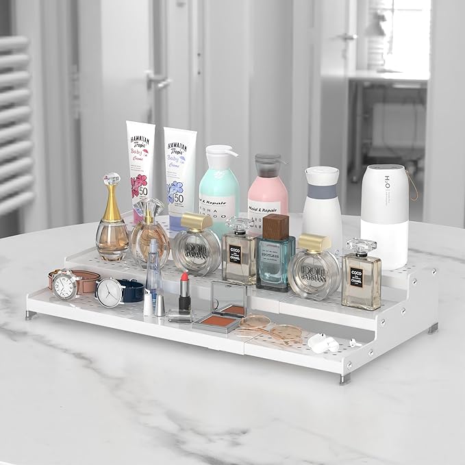 Spice Rack Organizer for Cabinet, 3 Tier Expandable Shelf, Great for Kitchen Cabinets, Cupboard,Pantry and More,Metal Plate with Hole (2 Packs/White,9.45" D x 12.8"~24?쏬 x 3.56" H)