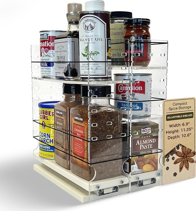 Vertical Spice Adjustable Spice Rack Drawer - Pull Out Cabinet Organizer - Kitchen and Pantry Organizers and Storage - Spice Caddy - 2 Drawers, 3 Upper Tier (6.9" W x 11.25" H x 10.6" D, Cream)