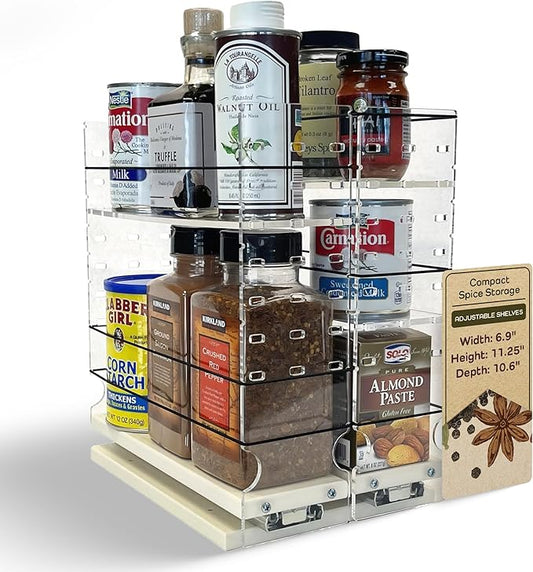 Vertical Spice Adjustable Spice Rack Drawer - Pull Out Cabinet Organizer - Kitchen and Pantry Organizers and Storage - Spice Caddy - 2 Drawers, 3 Upper Tier (6.9" W x 11.25" H x 10.6" D, Cream)