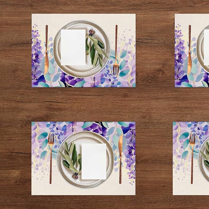Jauageon Eucalyptus Leaves Placemat Set of 4 Spring Plants Placemats Purple Flowers Table Mats for Indoor Outdoor Home Party Kitchen Dining Decor Farmhouse Burlap Table Mats 12x18 Inch