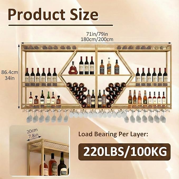 Liquor Bottles Bar Shelves Wall,Metal Bar Shelves Wall Mounted,Wall Mounted Wine Rack with LED Light with Glasses Holder, for Dining Room Home Cellar Industrial Iron Frame for Kitchen (Black, 79in)