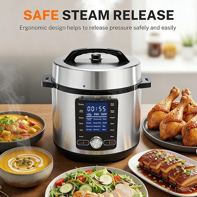 Simple Deluxe Electric Pressure Cooker 6.3 Quart, 24-in-1 Stainless Steel & Non-Stick Multi Cooker for Slow Cooking, Yogurt, Steam, Rice, Poultry, Beef, Bake, Porridge, Dishwasher Safe, Silver