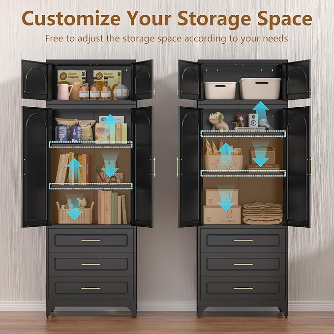 Kitchen Pantry Cabinet with 3 Drawers, 90" Tall Metal Storage Cabinets with Doors and Shelves, Food Cupboards for Dining, Living Room, 16" D x 32" W x 90" H, Black, Assembly Required