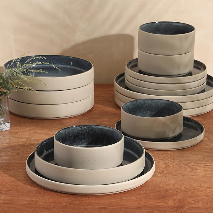 Gibson Elite Liberty Bay 16-Piece Pottery Clay Stoneware Dinnerware Set ??Blue Reactive Glaze, Stackable Plates and Bowls W/Pasta Bowl, Service for 4 ??Microwave & Dishwasher Safe
