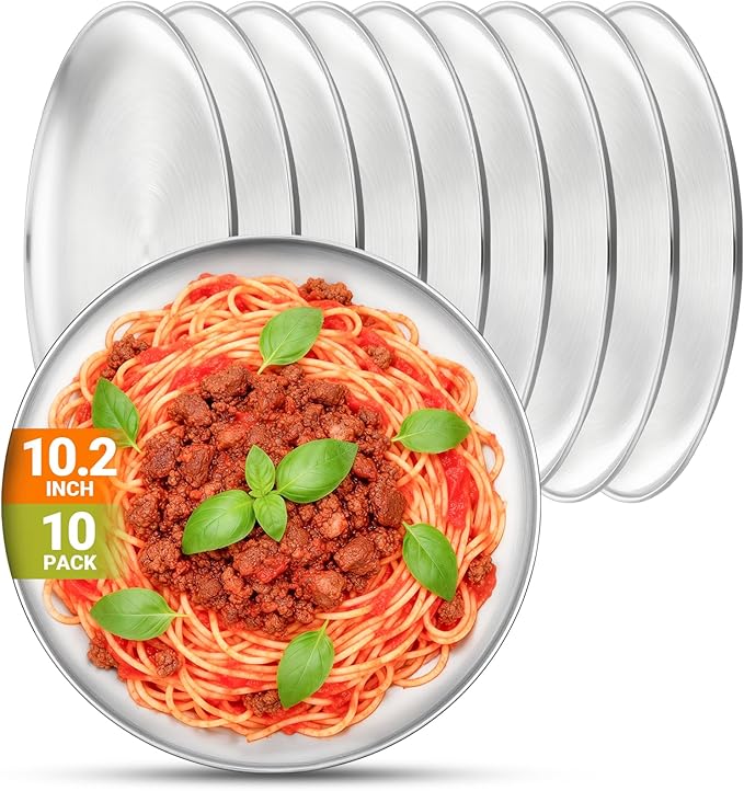 Metal Dinner Plate, 10 Pack 10.2 inch Large 201 Stainless Steel Plates, Reusable Lunch Salad Pizza Food Serving Snack Eating Dishes Round Brushed Finish Silver Sturdy Dish Oven Dishwasher Safe