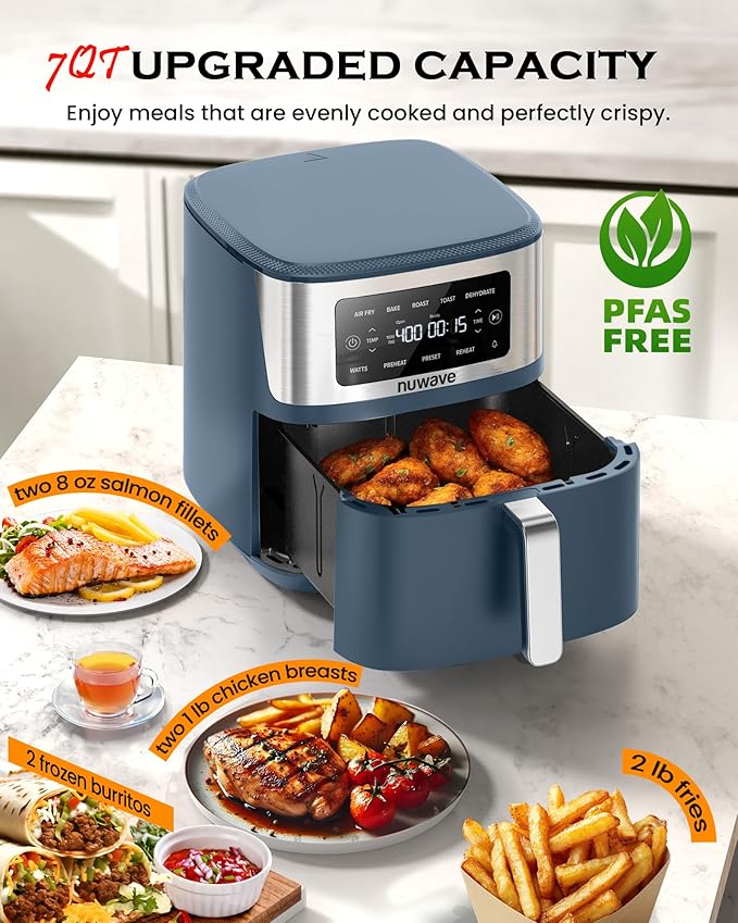 Nuwave Brio Plus 6-in-1 Air Fryer, 7-Qt Large Capacity, 50°F??00°F Precise Temp Control, Non-Toxic PFAS-Free Nonstick, Air Fry, Bake, Roast, Toast, Dehydrate, Reheat, 100 Presets, Dishwasher Safe