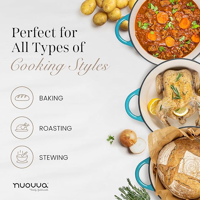Nuovva Enamelled Cast Iron Dutch Oven Pot with Lid 6.4 Quart Non Stick Casserole Pot ??Heavy Duty & Oven Safe up to 500째 F for Bread Baking, Braising, Stews, Roasting ??28cm Light Blue
