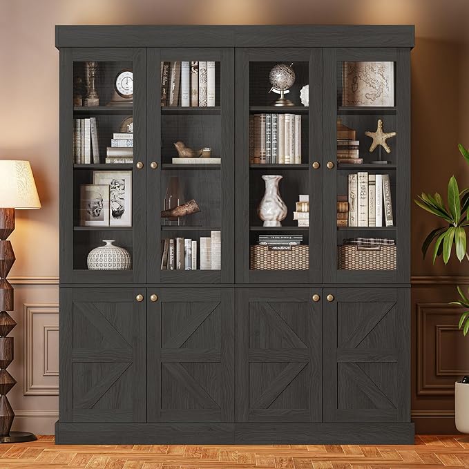 71" Tall Farmhouse Bookshelves with Glass Doors, Rustic Large Bookcase with Adjustable Shelves, Wooden Storage Cabinet for Living Room, Kitchen, Home Office, Dining Room, Black, Glass Door(2 Pcs)
