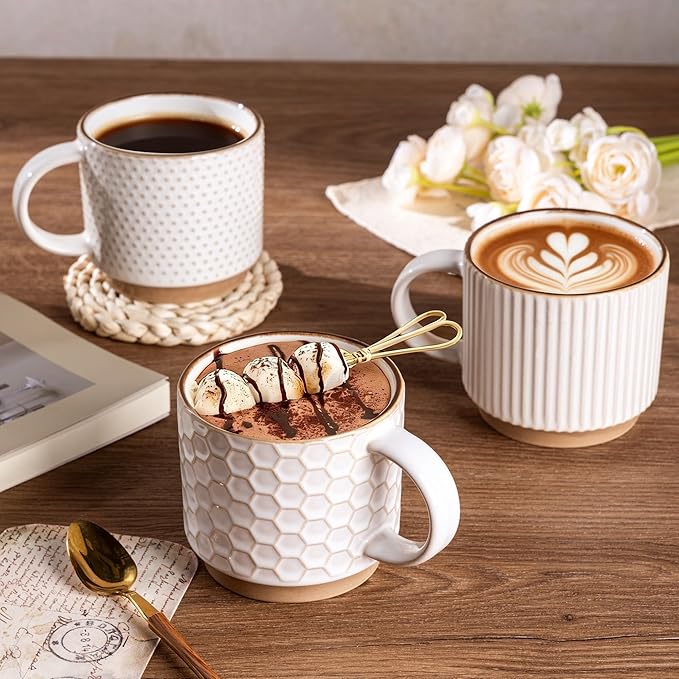 GBhome 15OZ Stackable Coffee Mugs, Ceramic Coffee Mugs with Texture Patterns for Man,Woman,Dad,Mom, Modern Coffee Mugs Set of 4 for Latte/Cappuccino/Cocoa. Dishwasher&Microwave Safe, Off White
