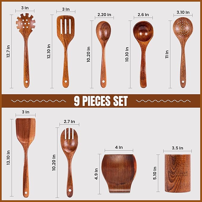 Wooden Spoons for Cooking Utensils Set - 9 Pcs Natural Teak Wooden Kitchen Utensils Set - Non-Stick Cooking Wooden Spoon with Holder, Wooden Spatula, Spoon Rest & 6 Hooks