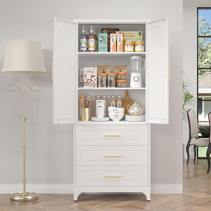 Metal Kitchen Pantry Cabinet with 3 Drawers竊?5 Inch White Food Pantry Cabinets for Kitchen Storage with 2 Adjustable Shelves,Tall Storage Cupboard for Living Room,Dining Room Office