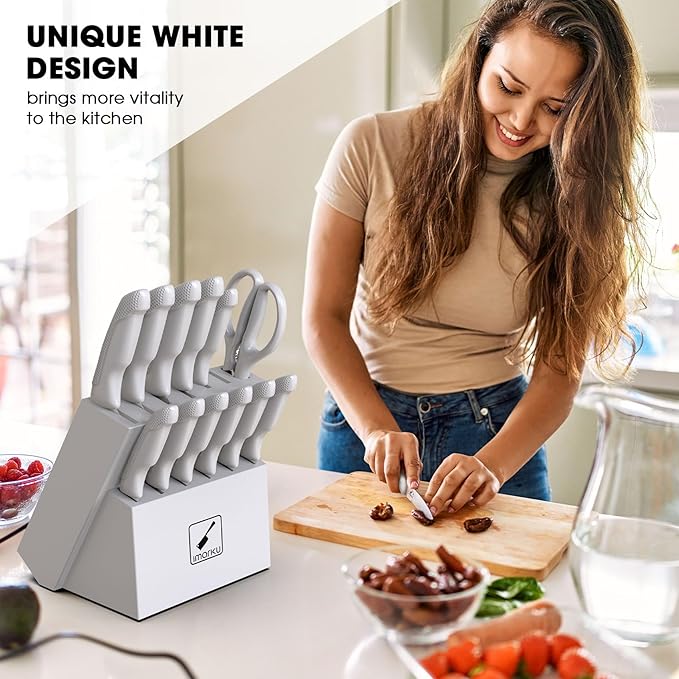 imarku® 14-Piece Kitchen Knife Set with Block and Sharpener, Professional Stainless Steel with Non-Slip Ergonomic Handle, Dishwasher Safe, Home Essential, Gray-White