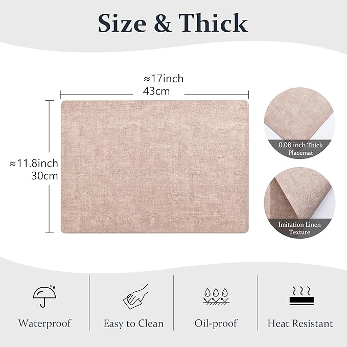 FROMHEART Faux Leather Placemats Set of 6?밯aterproof,Heat/Oil Stain-Resistant PU Table Mat?밨eversible,Non-Slip,Easy to Clean Place Mats for Kitchen,Dining,Indoor/Outdoor,(Pink,11.8" x 17")