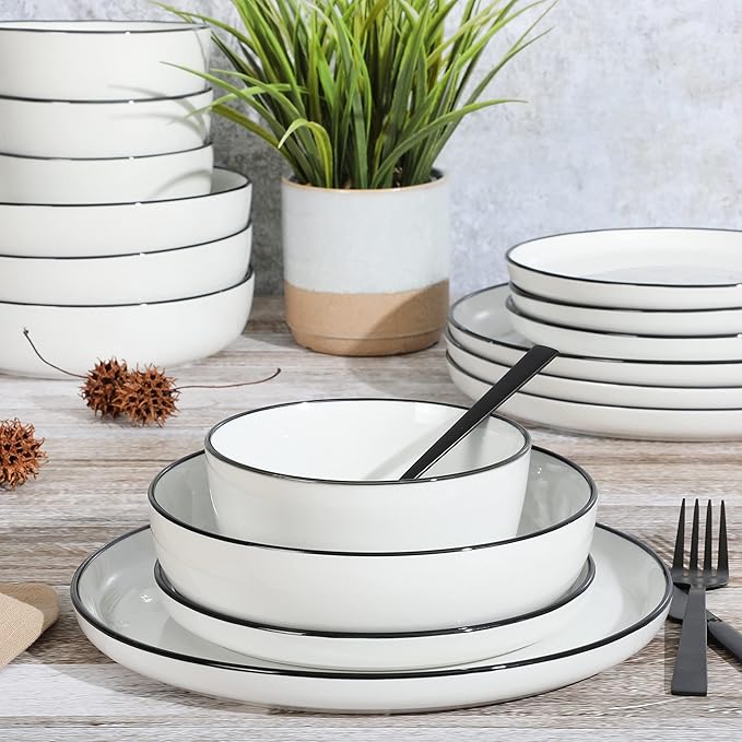 Gibson Home Oslo 16-Piece Porcelain Dinnerware Set, Service for 4 ??White Plates with Black Rim, Microwave & Dishwasher Safe