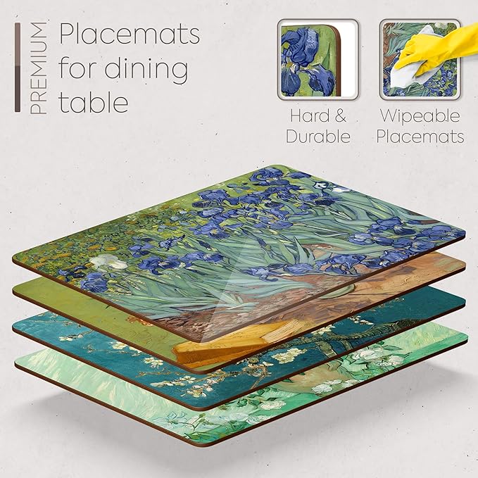 Moderry Set of 4 Heat Resistant Cork Placemats for Dining Table with Free Set of 4 Matching Drink Coasters Van Gogh Masterpieces Design 16 x 12 Inches Cork Backed Hard Placemats (Floral Van Gogh)