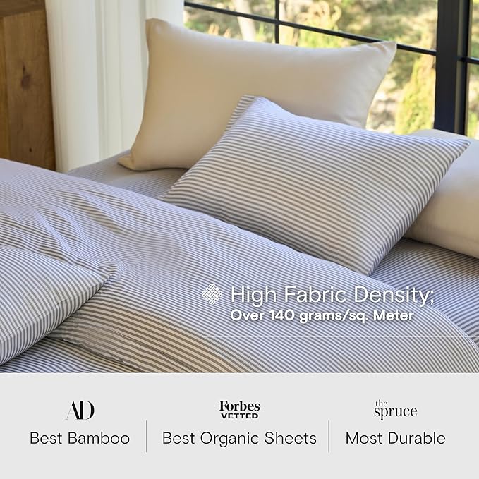 DOZ Sheet Set, 100% Viscose derived from Bamboo, Organically Grown, Buttery Soft, Cooling Sheets, High GSM, Deep Pockets - 3 Piece - 2 Pillowcases 1 Fitted Sheet (Stripe, Cal King)