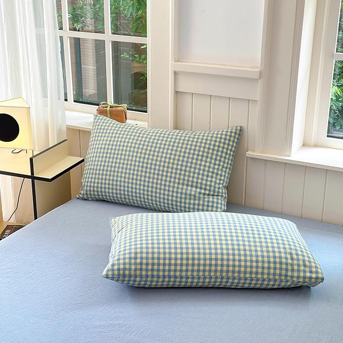 LifeTB Gingham Comforter Set Full Modern Style Blue Yellow Plaid Grid Bed Comforter 3 Pieces Soft Fluffy Checkered Pattern Comforter with 2 Pillowcases Farmhouse Gingham Bedding Set Breathable
