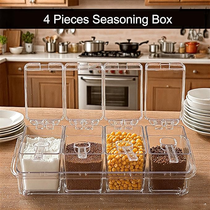 Clear Seasoning Box, 4 Pieces Seasoning Rack Spice Pots with Lids and Spoons, Toppings Containers, Acrylic Seasoning Box for Salt Spice, Pepper, Sugar, Cardamon, Cinnamon