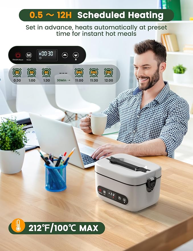 Cordless Electric Lunch Box, 1.2L Battery Powered Heated Lunch Box ??100W, 24000mAh Rechargeable Portable Self-Heating Food Warmer with 5-Sided Automatic Heating for Outdoors, Truck, Office, BPA-Free