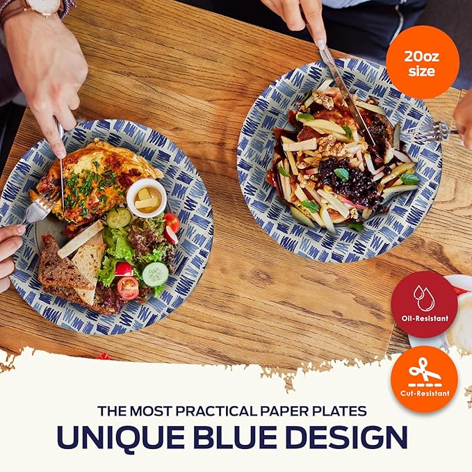 PAMI 20oz Heavy Duty Blue Paper Bowls for Soup, 200 Pack Disposable Microwave-Safe, Oil, Water & Cut Resistant