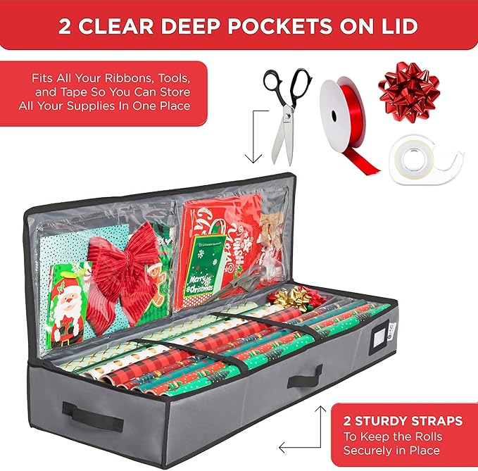 HOLDN??STORAGE Premium Wrapping Paper Storage Container - Durable 600D Tear-Proof, Fits 27 Rolls Gift Wrap, Extra Pockets for Ribbons & Bows, Underbed Storage - Ideal for Holiday Christmas, Gray