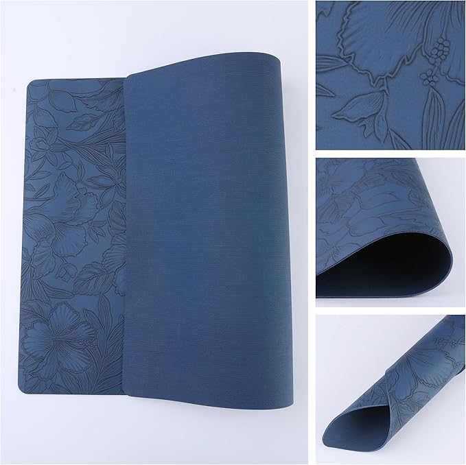 DRMHM Set of 6 Faux Leather Flower Placemats for Kitchen Dining Table Decor, Washable Table Placemats Wipeable Table Mat 18 * 12in Dark Blue