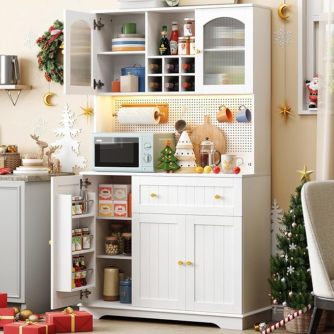 ONBRILL 71" Pantry Storage Cabinet with Microwave Shelf & Door Shelves, Kitchen Wood Pantry with Outlet & LED Light, Kitchen Hutch with DIY Pegboard & 6 Hook, Modern Cabinet with Drawer & Wine Rack