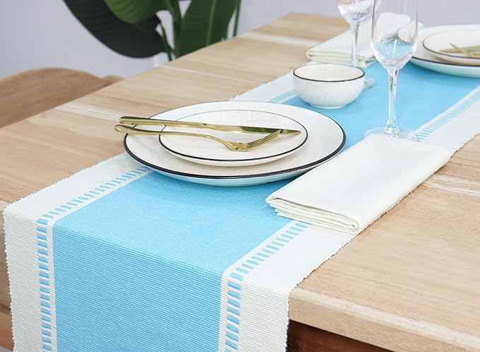 PurpleEssences Table Runner - Wide with Dobby Stripe, Heavy Ribbed Weave & Double Knot Fringes, 14x72 Inch (14x77.5 with Fringes) Farmhouse Decor - Christmas Holiday Winter - Aqua Blue and H.White