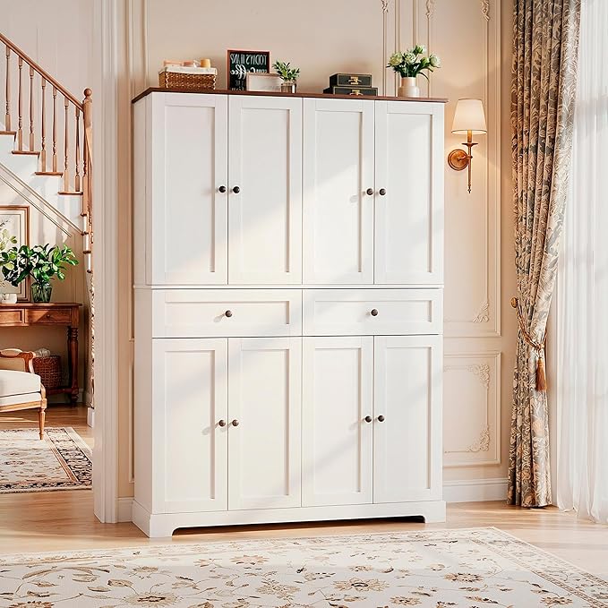 71" Kitchen Pantry Cabinet with 6 Door Shelves, Tall Pantry Storage Cabinet with 8 Doors & 4 Adjustable Shelves, Modern Kitchen Pantry with 2 Large Drawers for Dining Room, Living Room, White
