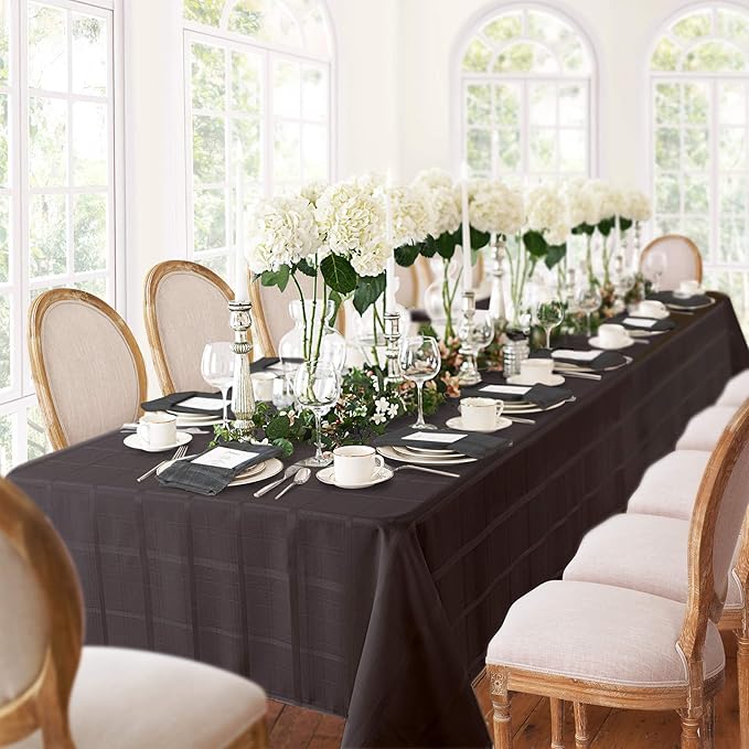 Newbridge 60 x 84 Inch Rectangle Fabric Tablecloth, Elegance Plaid, 100% Polyester, No Iron Soil Resistant Dining Room, Party and Banquet Table Cover, Solid Textured, Black