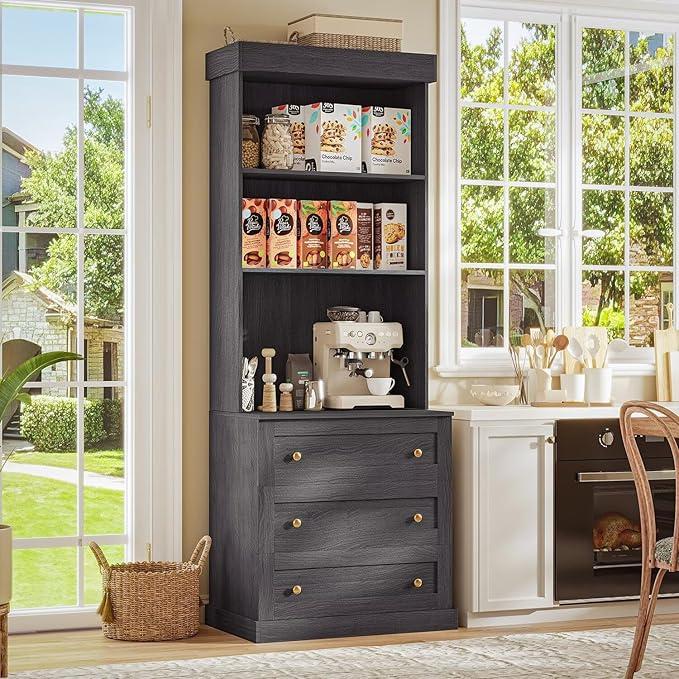 71" Tall Farmhouse Kitchen Pantry, Large Storage Cabinet with Glass Doors and Drawers, Freestanding Coffee Bar Hutch with Microwave Stand, Adjustable Shelves for Kitchen, Living Room, Black 3 Pcs