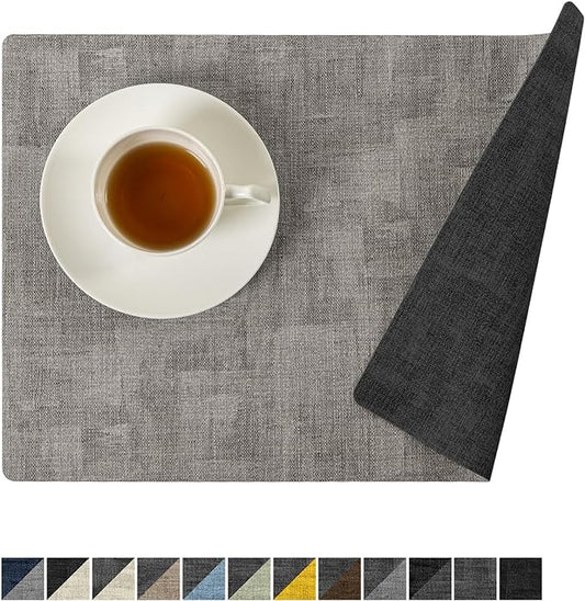 Romanstile Reversible Vinyl Placemats Set of 6, Faux Leather 100% Waterproof Oil-proof Wipeable Place Mats, Heat Resistant Dual Sided Table Mats for Kitchen/Dining/Party (Grey Light Grey, 12 x 17 Inch