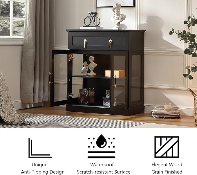 31.5'' Accent Small Buffet Cabinet with Storage, Buffet Sideboard with Two Glass Doors and a Drawer,Small Coffee bar Cabinet with Adjustable Shelf,for Kitchen and entryway,Black