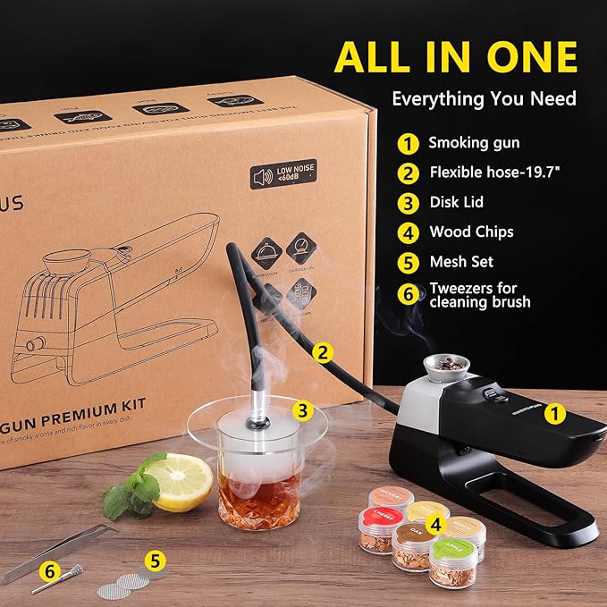 Smoking Gun Wood Smoke Infuser - 13 PCS Premium Kit, Smoker Machine with Accessories and Wood Chips - Cold Smoke for Food and Drinks - Gift for Man