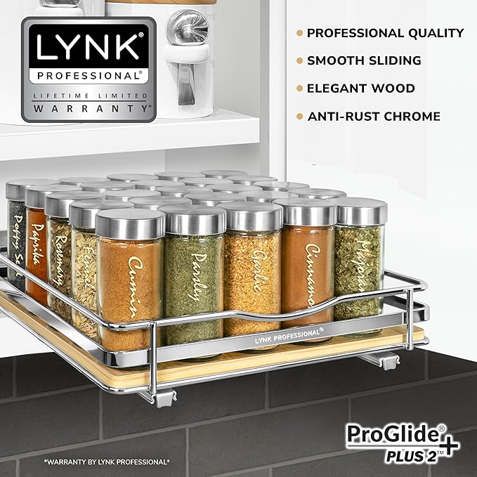 LYNK PROFESSIONAL짰 횋lite??Pull Out Spice Rack Organizer for Inside Kitchen Cabinets - 10-3/8 inch Wide - Slide Out Drawer ??Wood/Chrome Sliding Spice Cabinet Organization Shelf Racks - 1 Tier