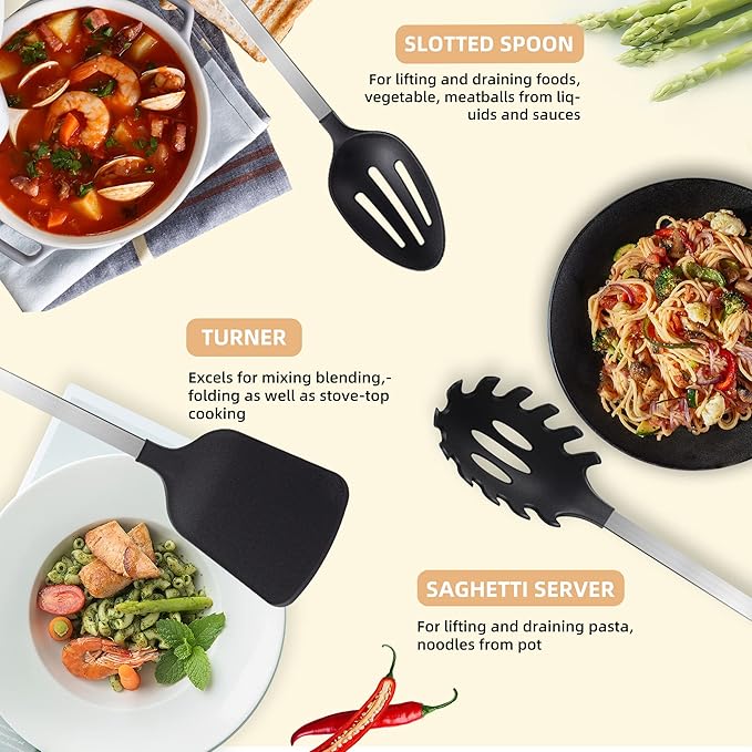 TJ POP Kitchen Utensils Set 7 Pcs, Premium Stainless Steel Heat Resistant Cooking Utensils Sets, Kitchen Gadgets Accessories Tools for Non-stick Cookware (BPA Free)