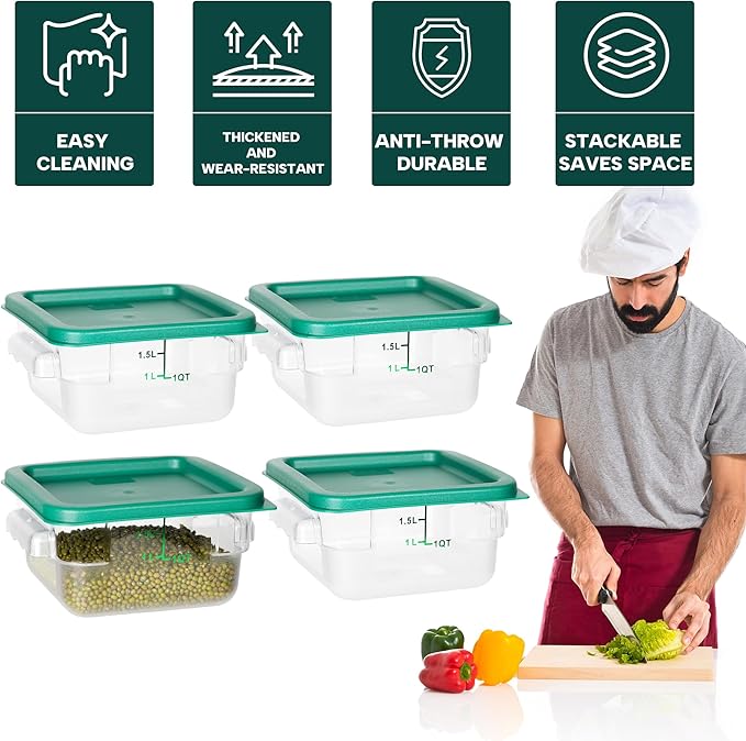 4 Pack Food Storage Containers, 2 Quart with Lids, Square Commercial Containers with Scale, NSF, Polycarbonate, Clear