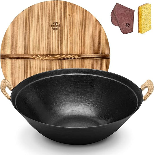 WANGYUANJI 13.4" Flat-Bottom Cast Iron Wok Pan with Lid, Dual Handles, Traditional Handcrafted Chinese Wok, Coating-Free, Not Pre-Seasoned, Works with Induction/Gas/Ceramic