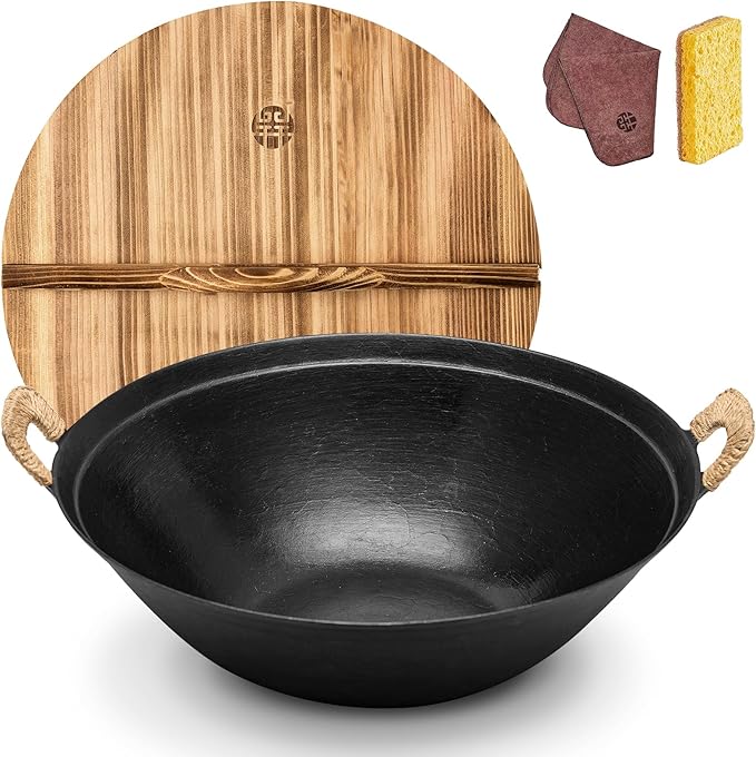 WANGYUANJI Cast Iron Wok Pan,13.4 inch Cooking Wok Stir Fry Pan with Dual Handle and Wooden Lid,Suitable for All Cooktops,Uncoated Chinese Traditional wok