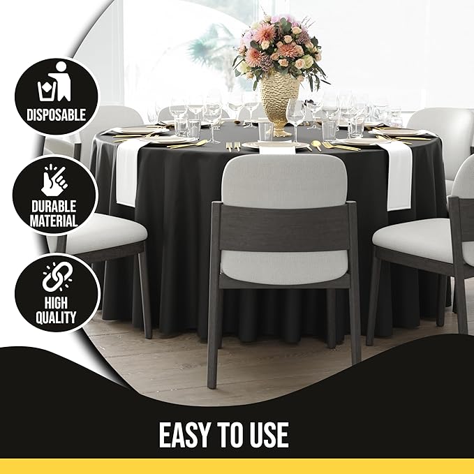 Party Solids 12-Pack Black Round Plastic Tablecloth Disposable ??Size: 108 Inches ??Round Plastic Table Cloths for Parties, Picnics & Formal Events