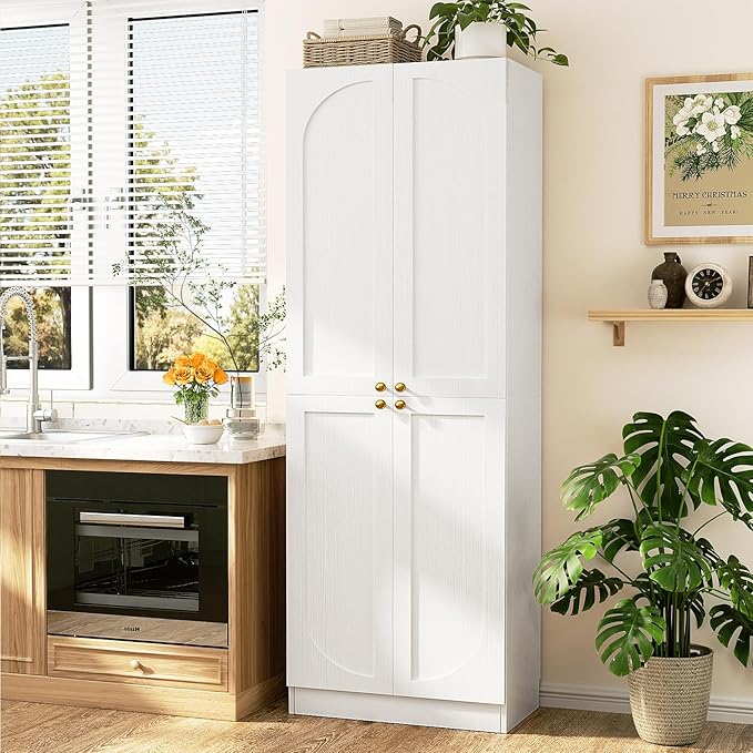 Cyclysio 80" Kitchen Pantry, Extra Tall Arch Storage Cabinet with 4 Doors and Adjustable Shelves, Freestanding Wood Cupboard with Seamless Fit Wall for Dining Living Room Bathroom Furniture (White)