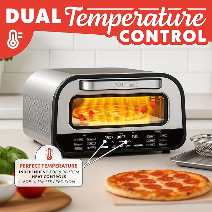 Gourmia Indoor Pizza Oven Air Fryer Toaster ??1800W Countertop Multi-Cooker with Pizza Stone, Digital Controls & 6 Presets, Stainless Steel