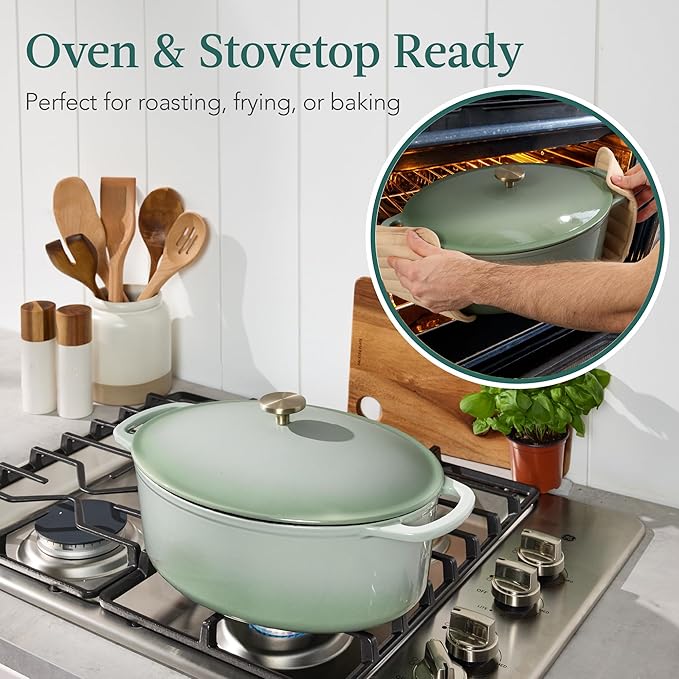 Best Choice Products Oval 7.5 Quart Enamel Cast-Iron Dutch Oven, Heavy-Duty Pre-Seasoned for Baking, Cooking w/Side Handles ??Sage Green
