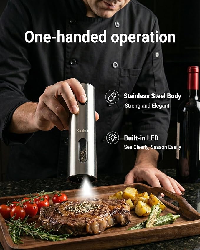 Electric Salt and Pepper Grinder Set with USB-C Rechargeable Base, Large Capacity Stainless Steel Mills with Durable Ceramic Burr, Adjustable Coarseness, LED Light, Refillable, for Kitchen BBQ